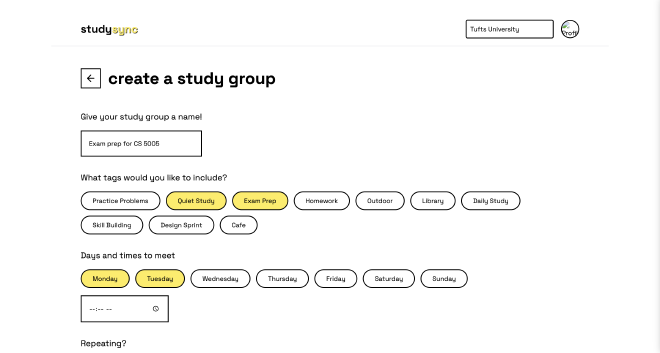 StudySync Create Group Page Screenshot